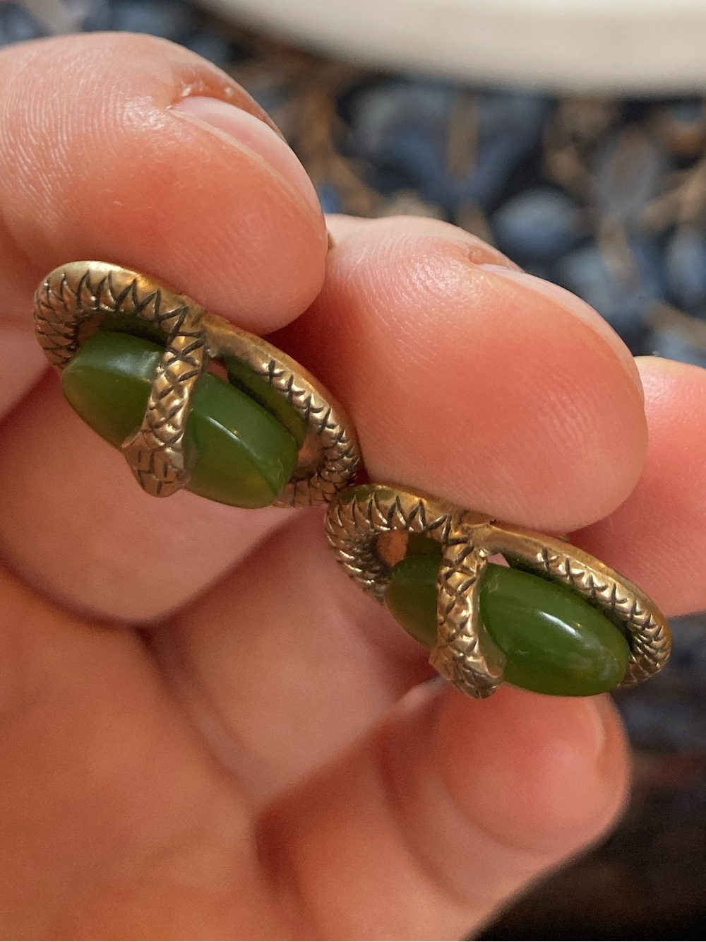 Antique Art Deco Snake Coiled Faux Jade Screwback Earrings - Picture 4 of 9